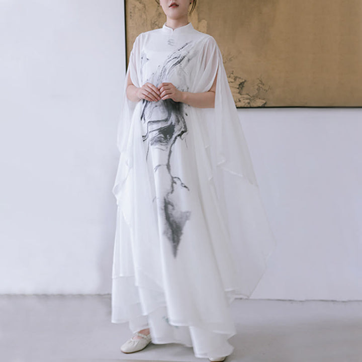 Buddha Stones White Ink Print Design Short Sleeve Women's Meditation Midi Dress Pants Zen Clothing - image 6