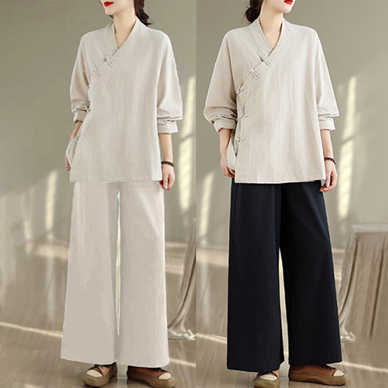 Buddha Stones 2Pcs V-Neck Long Sleeve Shirt Wide Leg Pants Zen Meditation Women's Set - image 22