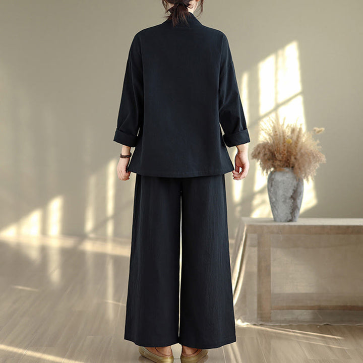 Buddha Stones 2Pcs V-Neck Long Sleeve Shirt Wide Leg Pants Zen Meditation Women's Set - image 14