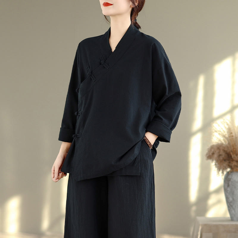 Buddha Stones 2Pcs V-Neck Long Sleeve Shirt Wide Leg Pants Zen Meditation Women's Set - image 17