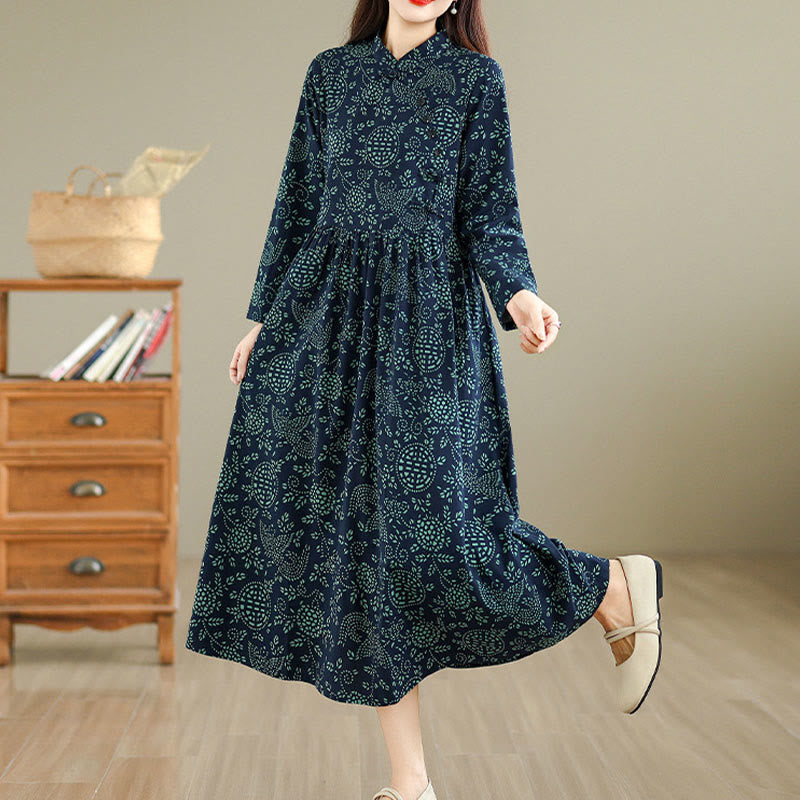 Buddha Stones Printed Floral Long Sleeve Stand Collar Cotton Maxi Dress With Pockets - image 6