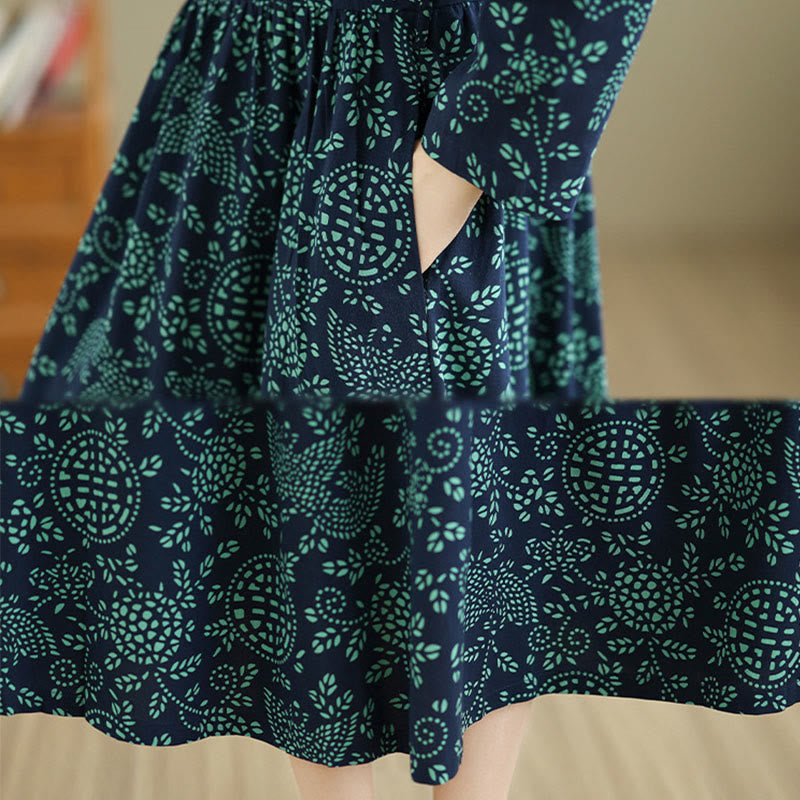 Buddha Stones Printed Floral Long Sleeve Stand Collar Cotton Maxi Dress With Pockets - image 9