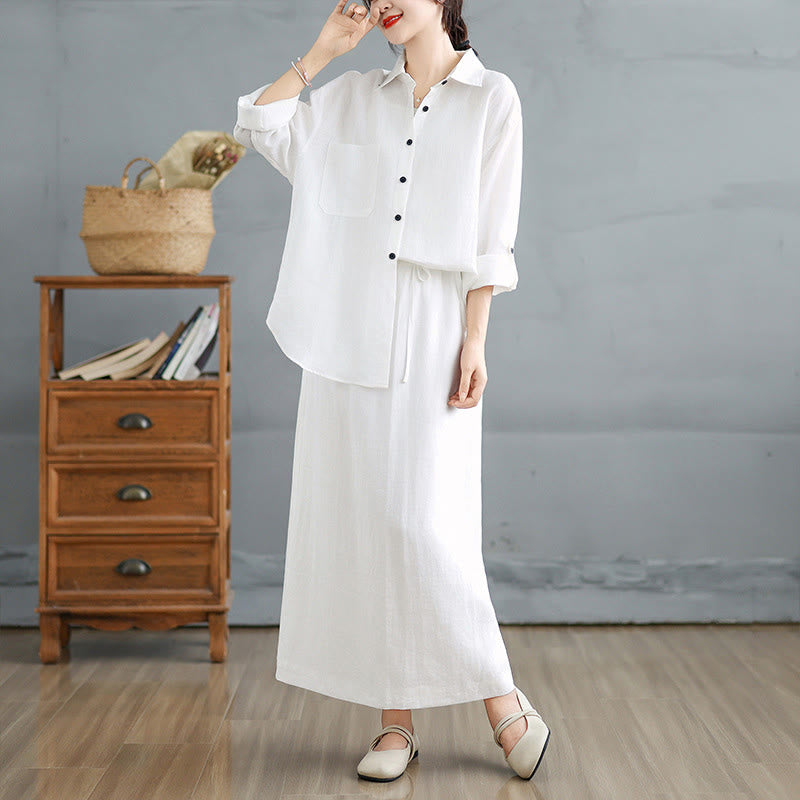 Buddha Stones 2pcs Solid Color Long Sleeve Buttons Shirt 7-8 Length Skirt Cotton Set With Pockets  - image 12