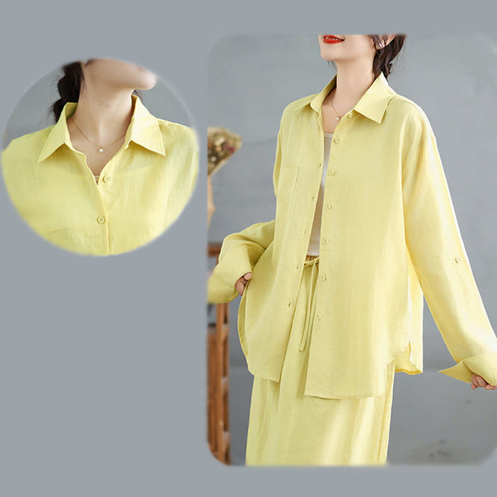 Buddha Stones 2pcs Solid Color Long Sleeve Buttons Shirt 7-8 Length Skirt Cotton Set With Pockets  - image 26