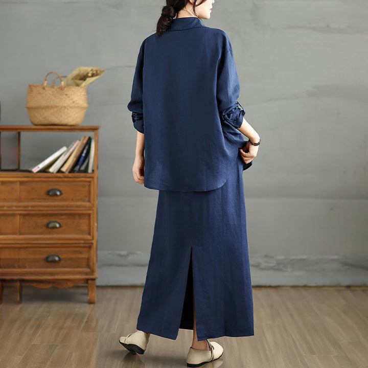 Buddha Stones 2pcs Solid Color Long Sleeve Buttons Shirt 7-8 Length Skirt Cotton Set With Pockets  - image 7