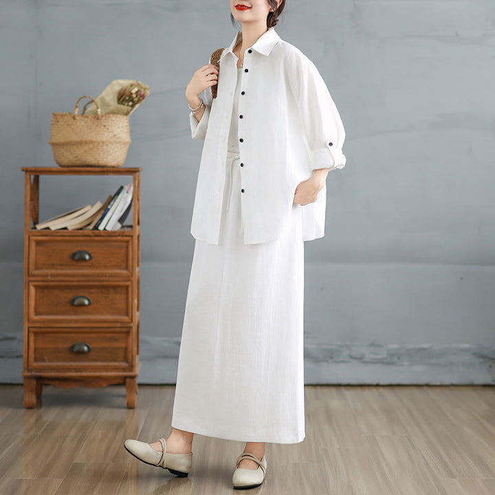 Buddha Stones 2pcs Solid Color Long Sleeve Buttons Shirt 7-8 Length Skirt Cotton Set With Pockets  - White - US8-10，UK/AU12-14，EU40-42 (2XL) - image 9