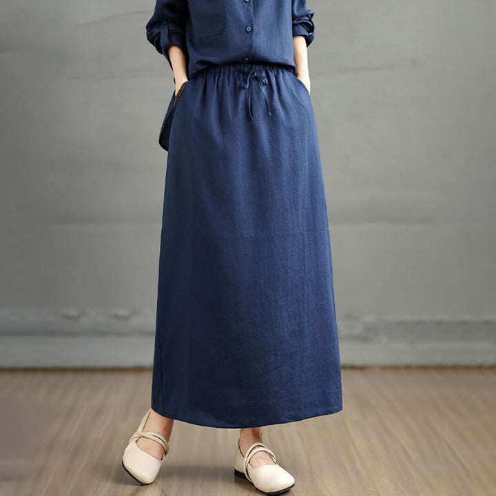 Buddha Stones 2pcs Solid Color Long Sleeve Buttons Shirt 7-8 Length Skirt Cotton Set With Pockets  - image 8