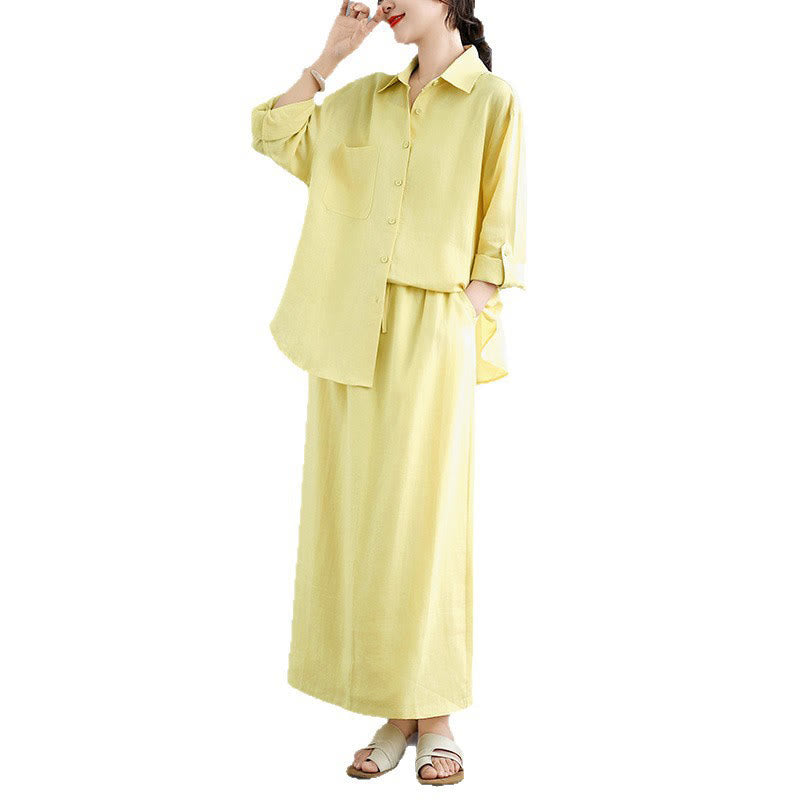 Buddha Stones 2pcs Solid Color Long Sleeve Buttons Shirt 7-8 Length Skirt Cotton Set With Pockets  - image 21