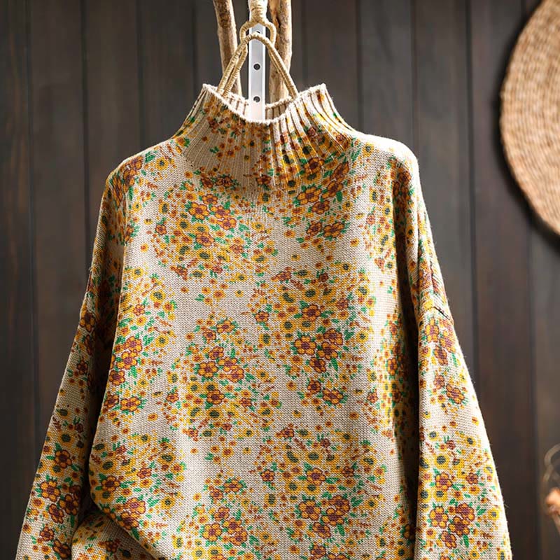 Buddha Stones Women's Knitted Floral Cotton Ribbed Hem Long Sleeve Mock Neck Sweater - image 3