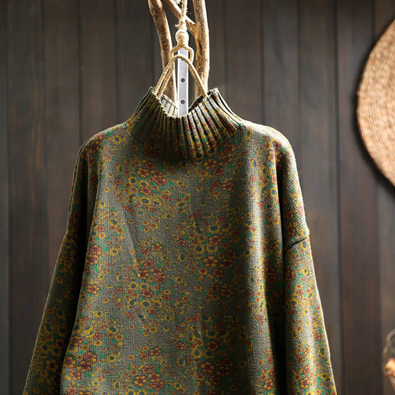 Buddha Stones Women's Knitted Floral Cotton Ribbed Hem Long Sleeve Mock Neck Sweater - image 21