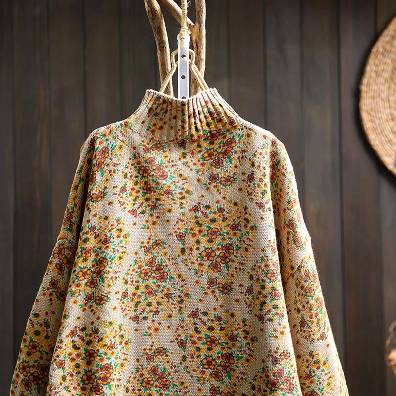 Buddha Stones Women's Knitted Floral Cotton Ribbed Hem Long Sleeve Mock Neck Sweater - image 4