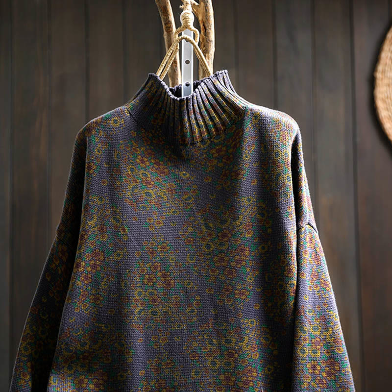 Buddha Stones Women's Knitted Floral Cotton Ribbed Hem Long Sleeve Mock Neck Sweater - image 19