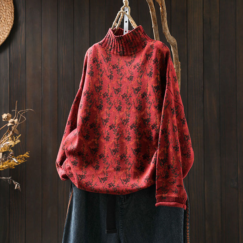 Buddha Stones Knitted Plant Pattern Long Sleeve Mock Neck Women's Cotton Sweater - Red - US4-6，UK/AU8-10，EU36-38 (F) - image 20