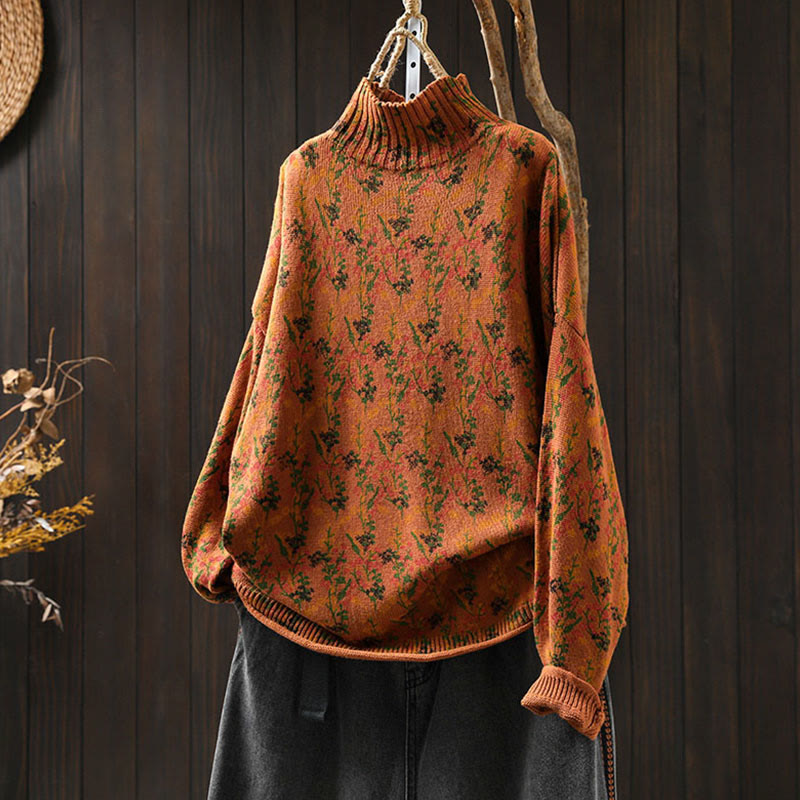 Buddha Stones Knitted Plant Pattern Long Sleeve Mock Neck Women's Cotton Sweater - DarkOrange - US4-6，UK/AU8-10，EU36-38 (F) - image 2