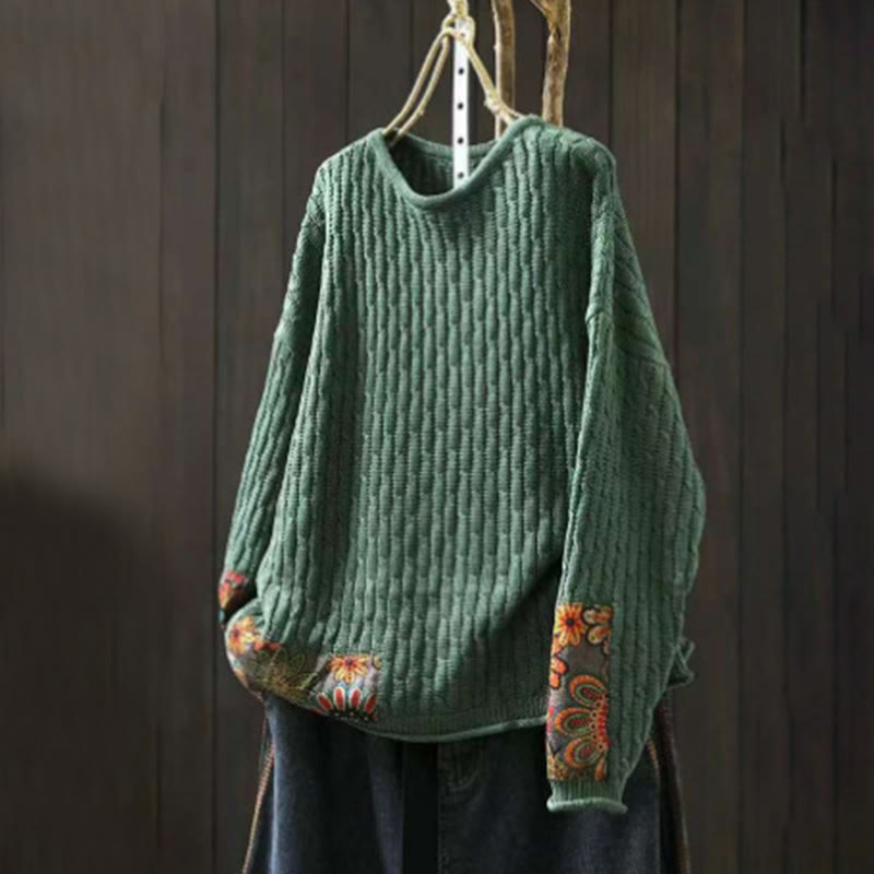 Buddha Stones Winter Patchwork Design Long Sleeve Crew Neck Women's Sweater - SeaGreen - US4-12，UK/AU8-16，EU36-44 (F) - image 0