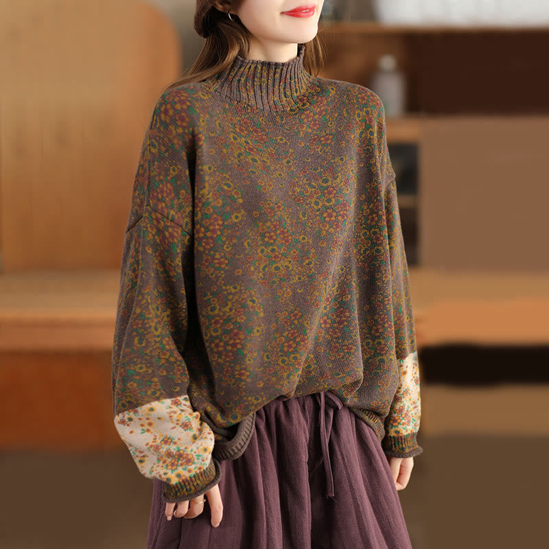 Buddha Stones Fall Printing Floral Long Sleeve Mock Neck Women's Knitted Sweater - SaddleBrown - US4-12，UK/AU8-16，EU36-44 (F) - image 18
