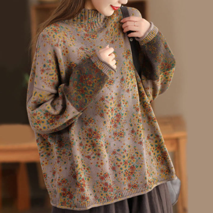 Buddha Stones Fall Printing Floral Long Sleeve Mock Neck Women's Knitted Sweater - BurlyWood - US4-12，UK/AU8-16，EU36-44 (F) - image 10
