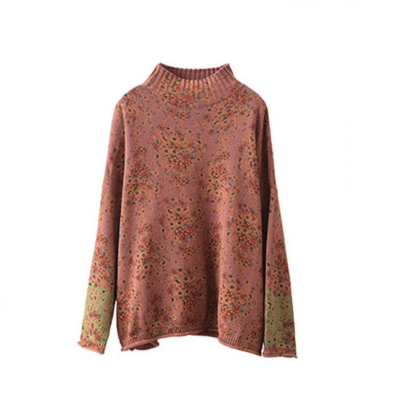 Buddha Stones Fall Printing Floral Long Sleeve Mock Neck Women's Knitted Cotton Sweater - image 8