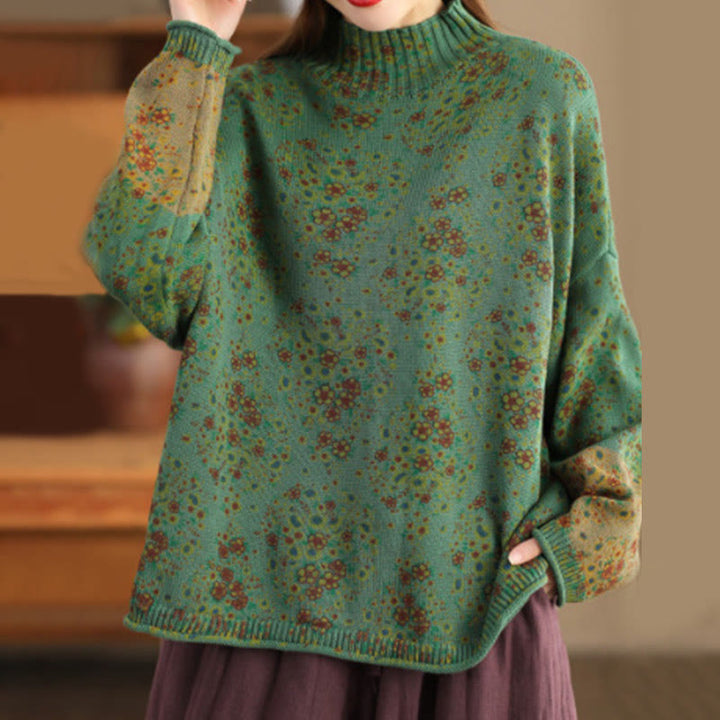 Buddha Stones Fall Printing Floral Long Sleeve Mock Neck Women's Knitted Sweater - SeaGreen - US4-12，UK/AU8-16，EU36-44 (F) - image 15