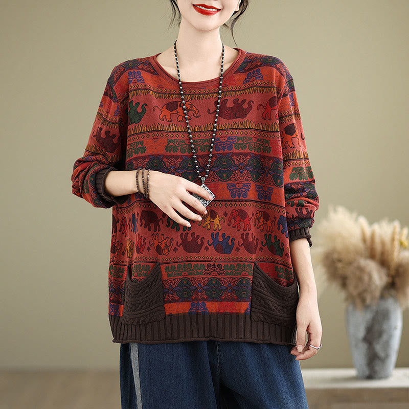 Buddha Stones Fall Elephant Pattern Knitted Cotton Women's Long Sleeve Sweater With Pockets - FireBrick - US4-6，UK/AU8-10，EU36-38 (F) - image 19