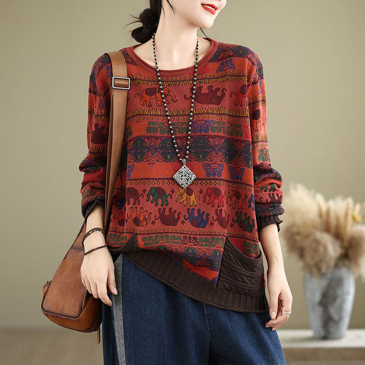 Buddha Stones Fall Elephant Pattern Knitted Cotton Women's Long Sleeve Sweater With Pockets - image 23