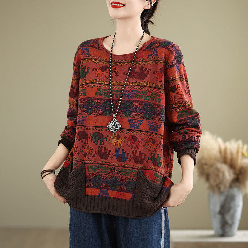 Buddha Stones Fall Elephant Pattern Knitted Cotton Women's Long Sleeve Sweater With Pockets - image 21