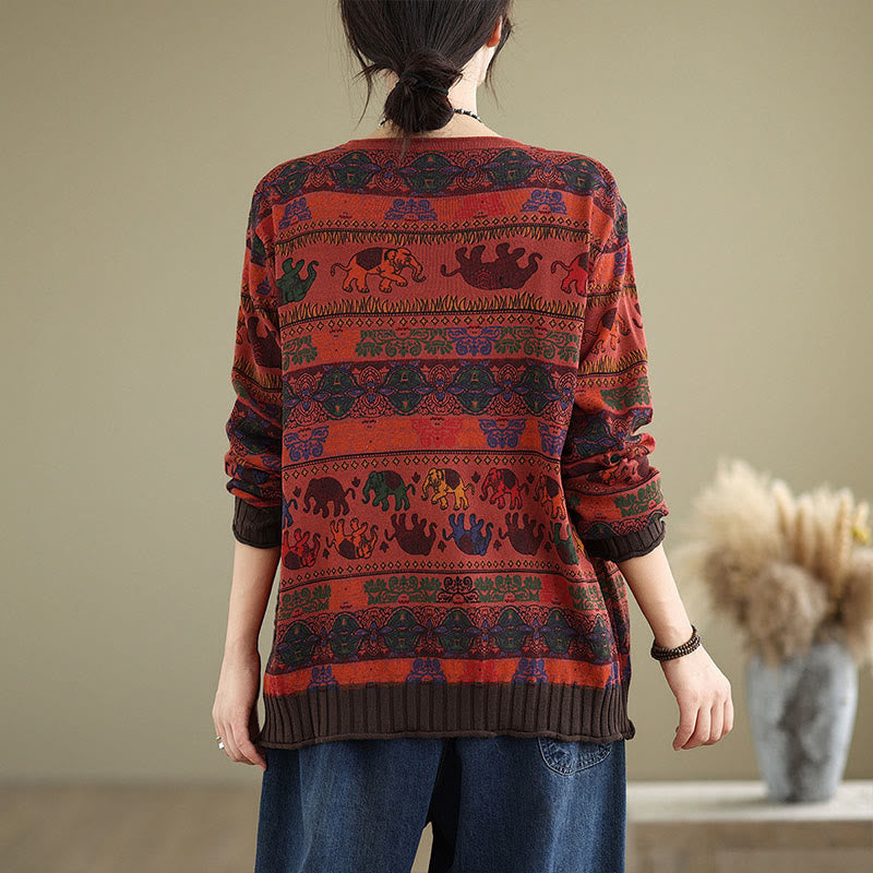 Buddha Stones Fall Elephant Pattern Knitted Cotton Women's Long Sleeve Sweater With Pockets - image 20
