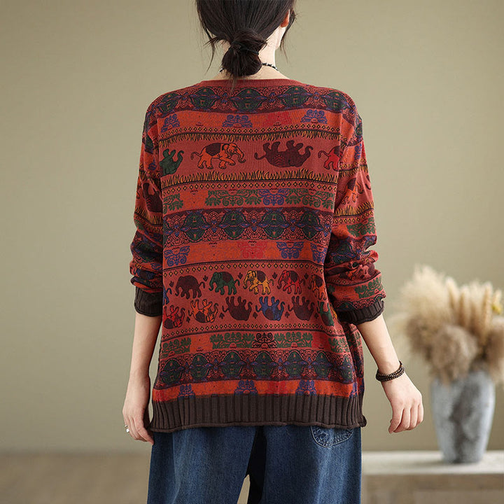 Buddha Stones Fall Elephant Pattern Knitted Cotton Women's Long Sleeve Sweater With Pockets - image 20