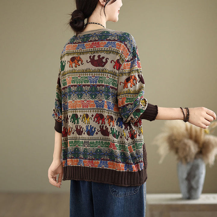 Buddha Stones Fall Elephant Pattern Knitted Cotton Women's Long Sleeve Sweater With Pockets - image 4
