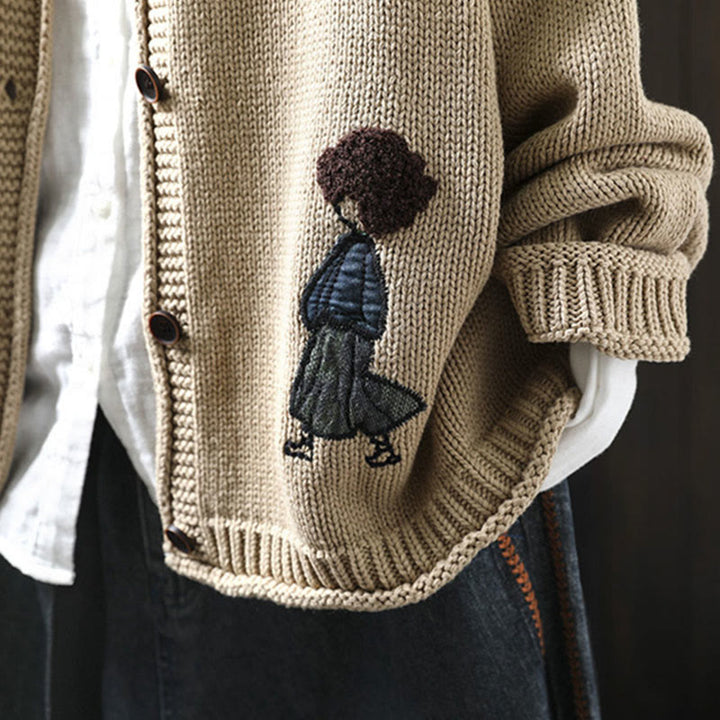 Buddha Stones Patchwork Figure Pattern Buttons Cotton Women's Long Sleeve Cardigan Sweater - image 4