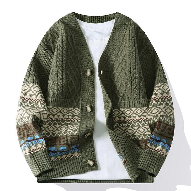Buddha Stones Jacquard Ethnic Long Sleeve Men's Knitted Sweater With Pockets - DarkOliveGreen - US/UK/AU44，EU54 (4XL) - image 9