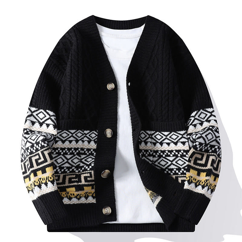 Buddha Stones Jacquard Ethnic Long Sleeve Men's Knitted Sweater With Pockets - Black - US/UK/AU44，EU54 (4XL) - image 7