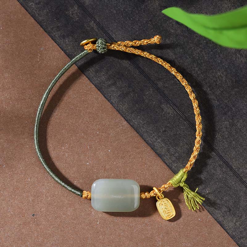 Buddha Stones 925 Sterling Silver Hetian Jade Prosperity Bracelet - Hetian Jade & Dark Green String(Wrist Circumference: 15-18cm) - image 8