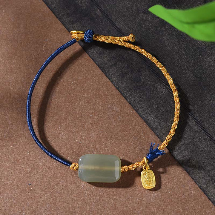 Buddha Stones 925 Sterling Silver Hetian Jade Prosperity Bracelet - Hetian Jade & Navy Blue String(Wrist Circumference: 15-18cm) - image 6