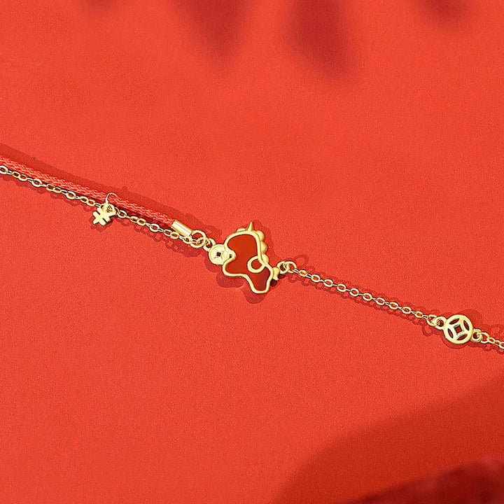 Buddha Stones 925 Sterling Silver Coin Red Agate Year Of The Horse Asymmetric Protection Earrings - Golden Horse Bracelet - image 12