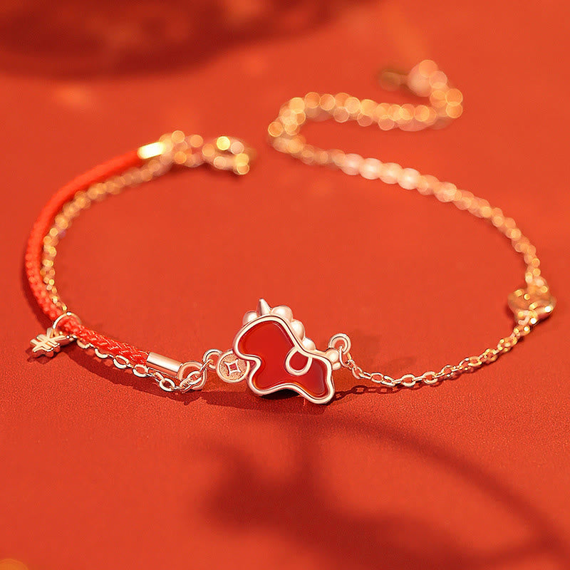 Buddha Stones 925 Sterling Silver Coin Red Agate Year Of The Horse Asymmetric Protection Earrings - Horse Bracelet - image 9