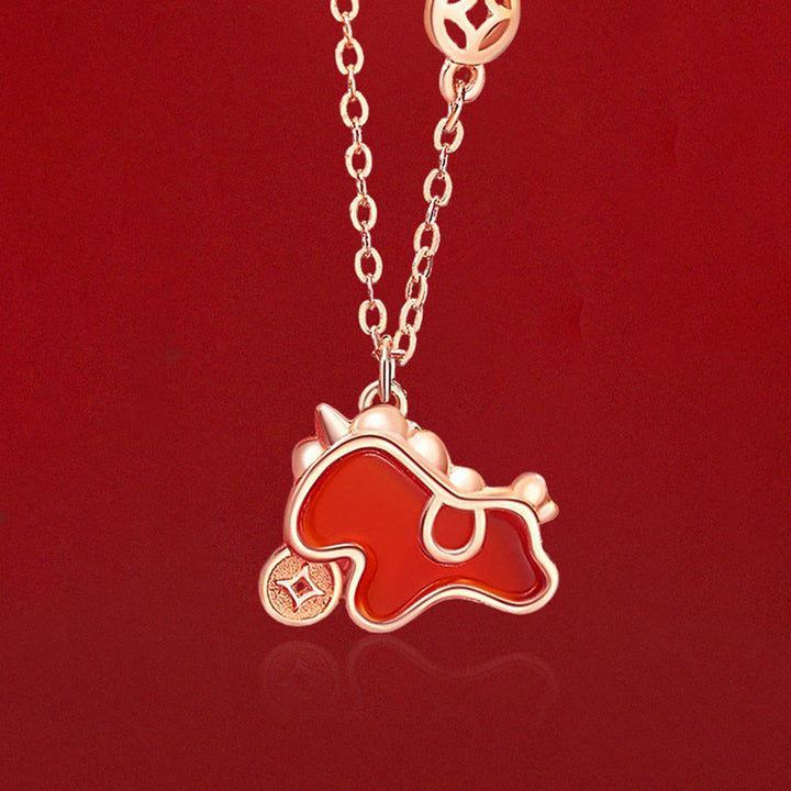 Buddha Stones 925 Sterling Silver Year Of The Horse Coin Charm Red Agate Blessing Necklace Pendant - image 1