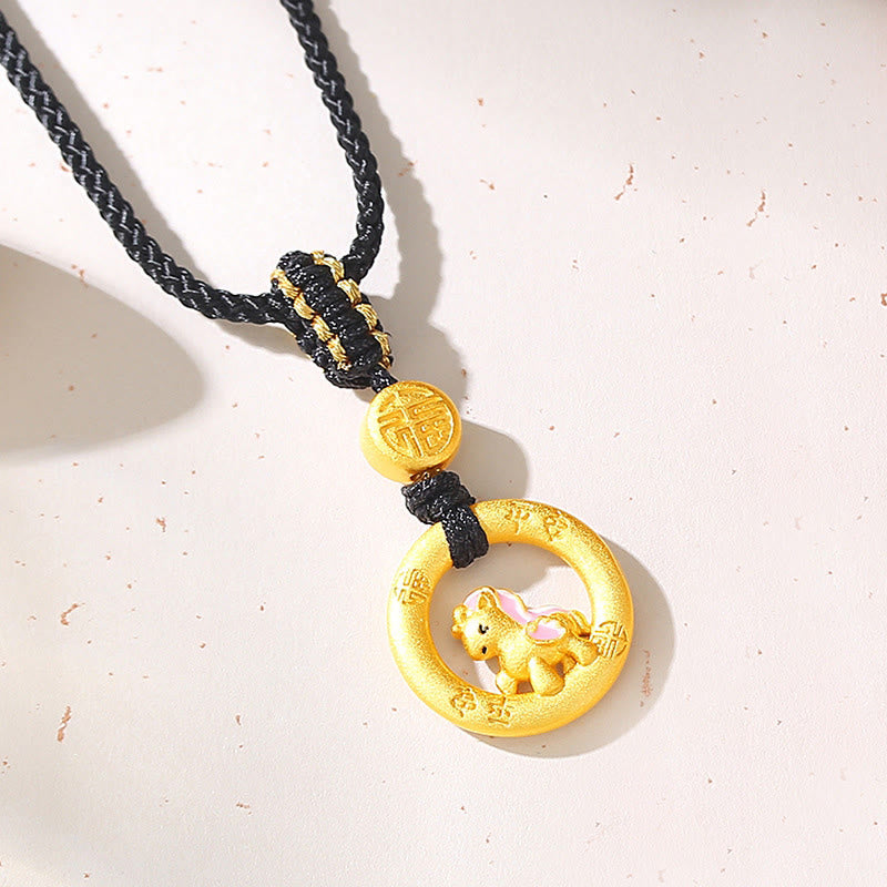 Buddha Stones 925 Sterling Silver Year Of The Horse Peace Buckle Fu Character Luck Necklace Pendant - Horse Black String Necklace - image 1