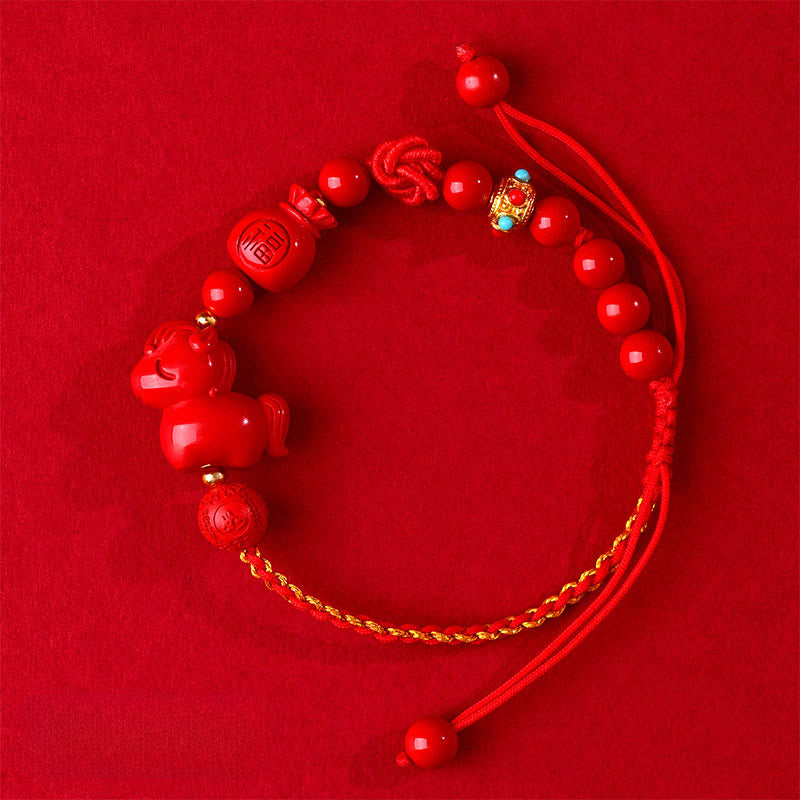 Buddha Stones Year of the Horse Natural Cinnabar Fu Character Lucky Bag Blessing Bracelet - image 2