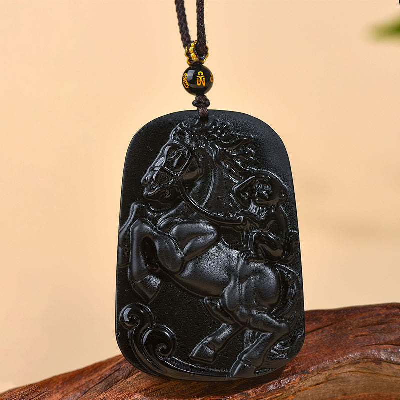 Buddha Stones Year of the Horse Natural Black Obsidian Strength Necklace Pendant - Black Obsidian(Purification♥Transformation) - image 0