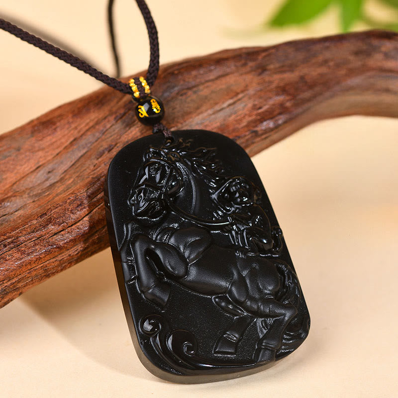 Buddha Stones Year of the Horse Natural Black Obsidian Strength Necklace Pendant - image 1