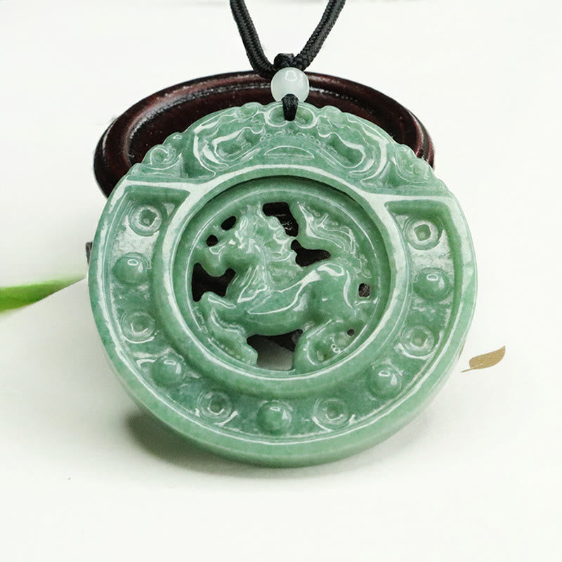Buddha Stones Year of the Horse Round Jade Luck Rope Necklace Pendant - image 4