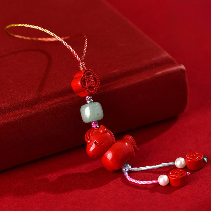 Buddha Stones Year of the Horse Natural Cinnabar Fu Character Blessing Phone Hanging Decoration - image 1