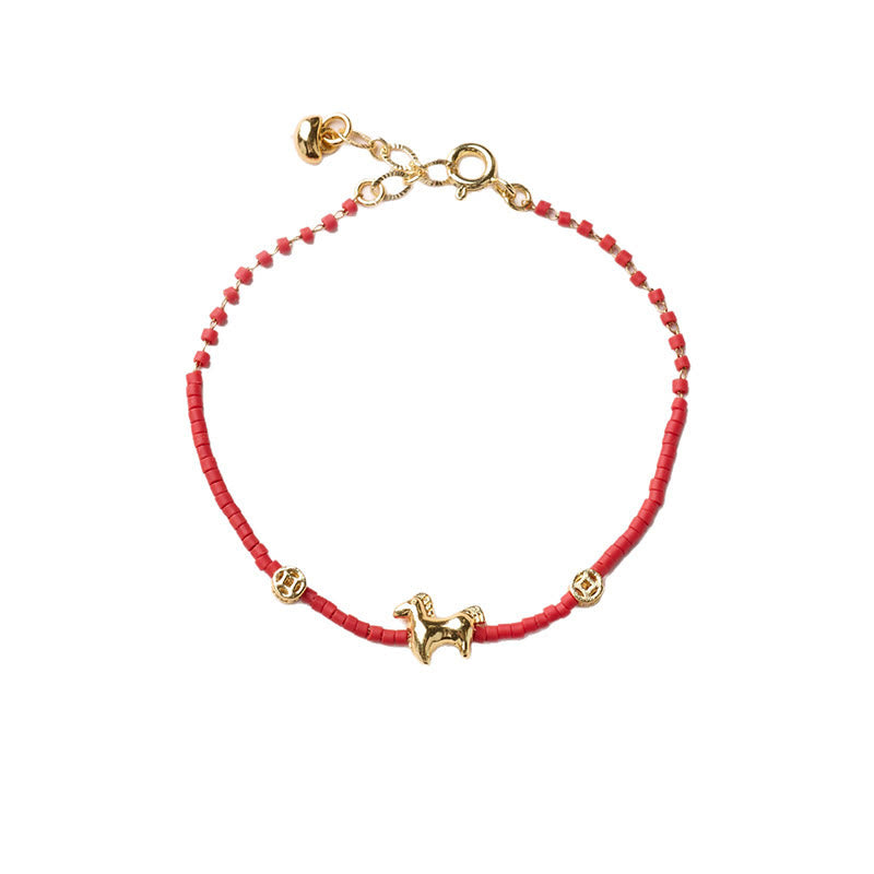 Buddha Stones 925 Sterling Silver Plated Gold Year of the Horse Red Liuli Glass Buddha Prosperity Bracelet - image 7
