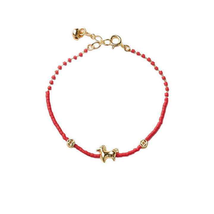 Buddha Stones 925 Sterling Silver Plated Gold Year of the Horse Red Liuli Glass Prosperity Bracelet - image 7