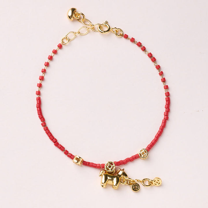 Buddha Stones 925 Sterling Silver Plated Gold Year of the Horse Red Liuli Glass Buddha Prosperity Bracelet - Horse Coin Bracelet - image 13