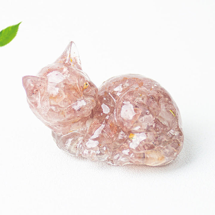 Buddha Stones Crystal Chip Epoxy Resin Small Cat Positive Decoration  - Strawberry Quartz(32*43*53mm) - image 5