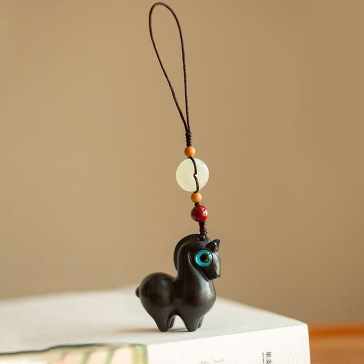 Buddha Stones Year of the Horse Small Leaf Red Sandalwood Green Sandalwood Ebony Wood Calm Key Chain - Ebony Wood - Regular Rope - image 3