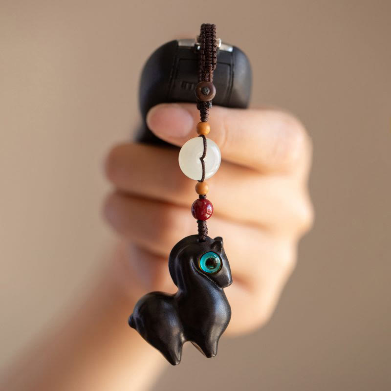 Buddha Stones Year of the Horse Small Leaf Red Sandalwood Green Sandalwood Ebony Wood Calm Key Chain - image 2