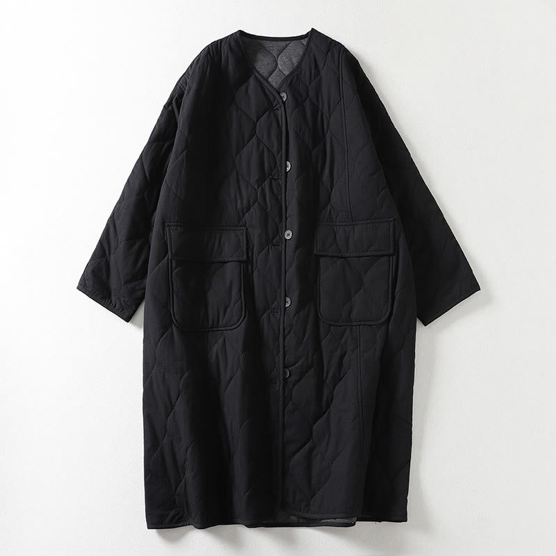 Buddha Stones Plain Buttons V-Neck Long Sleeve Women's Cotton Coat With Pockets - Black - US14，UK/AU18，EU46 (2XL) - image 5